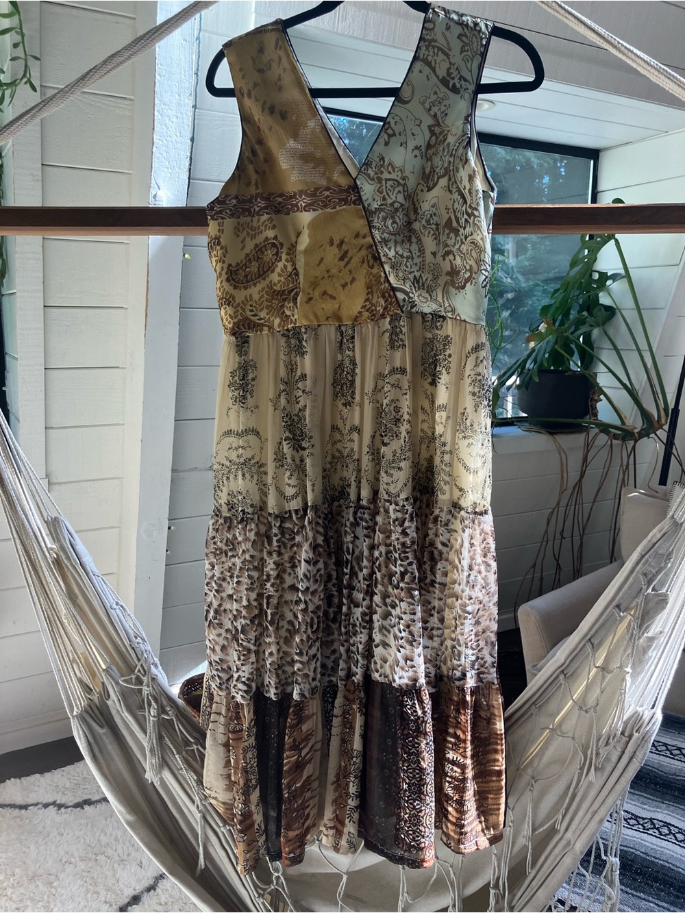 Bohemian V-Neck Maxi Dress in Cream & Tan